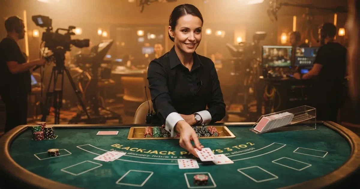 Dealer în uniformă elegantă împarte cărți de blackjack pe o masă cu postav verde într-un studio luminat cald, cu camere de filmat în fundal.